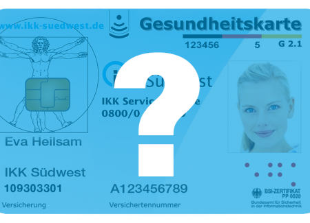 Vorderansicht der elektronischen Gesundheitskarte. Davor steht in weißer Schrift ein Fragezeichen.