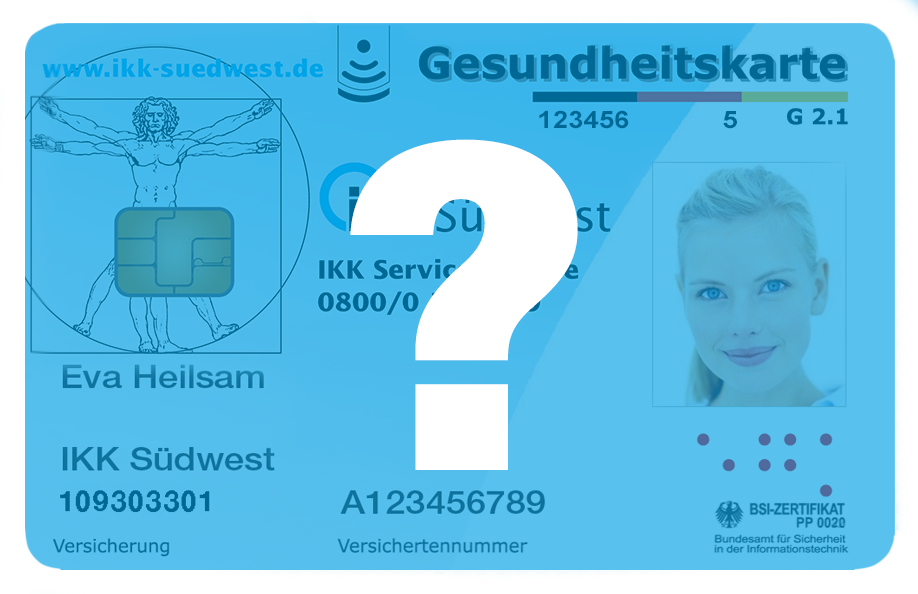 Vorderansicht der elektronischen Gesundheitskarte. Davor steht in weißer Schrift ein Fragezeichen.