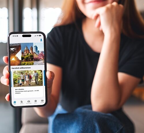 Eine Frau hält ein Smartphone in der Hand, auf dem der Bildschirm der "IKK Südwest App" angezeigt wird.