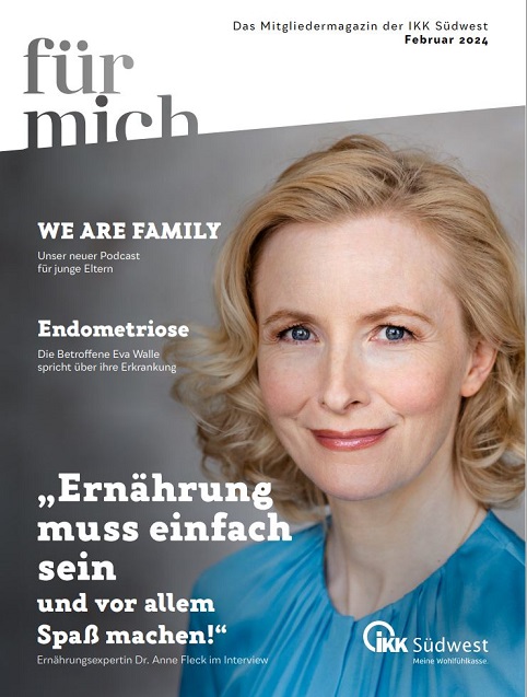 Cover des Kundenmagazins der IKK Südwest mit Ernährungsexpertin Dr. Anne Fleck