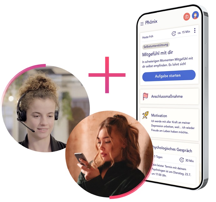 Smartphone mit Innenansicht der Therapie-App sowie zwei Kreise mit Gesichtern zweier junger Leute