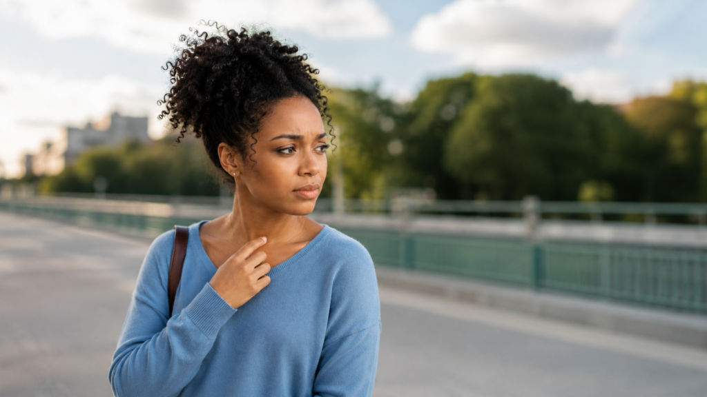 Eine Frau in einem hellblauen Pullover steht im Freien und blickt nachdenklich nach rechts.