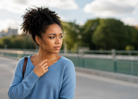 Eine Frau in einem hellblauen Pullover steht im Freien und blickt nachdenklich nach rechts.