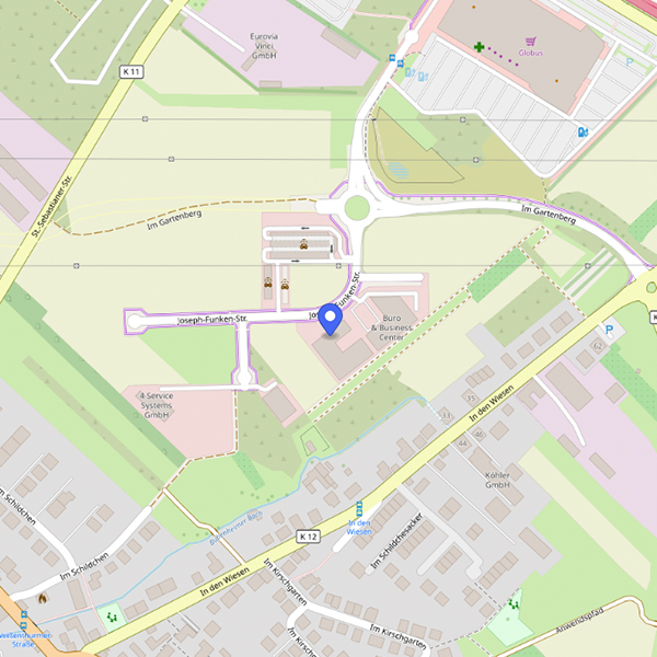 Kartenausschnitt von Koblenz mit einer blauen Markierung. Diese stellt den Standort des Kundencenters der IKK Südwest in Koblenz dar.