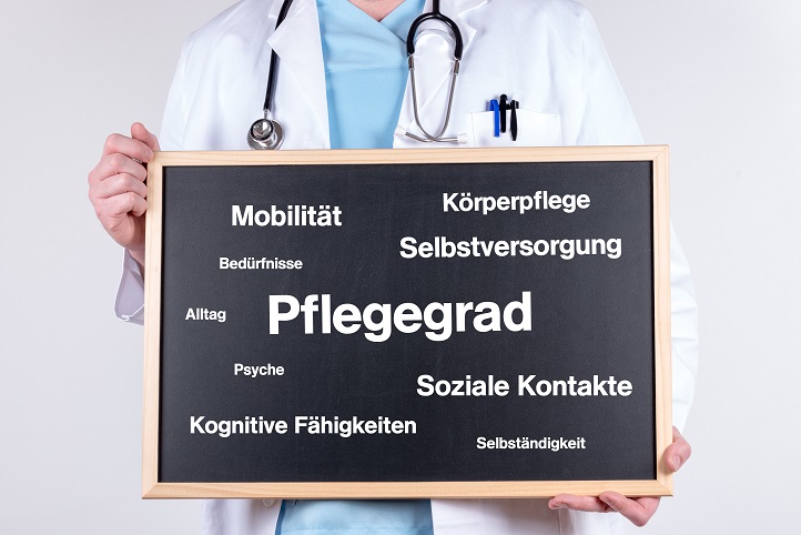 Ein Arzt hält eine Tafel mit Begriffen wie Pflegegrad, Körperpflege etc. vor sich