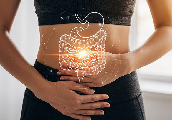 Eine Frau in Sportkleidung hält ihre Hände auf den Bauch, während über ihrem Bauch eine digitale Illustration des Verdauungssystems leuchtet.