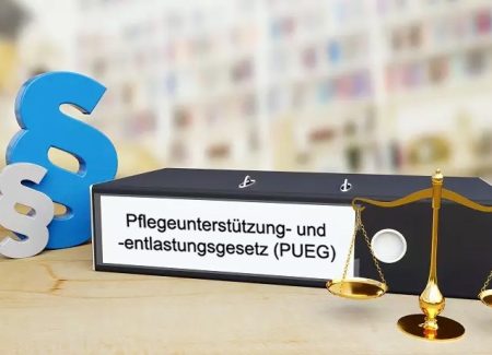 Ein Ordner liegt mit der Aufschrift "Pflegeunterstützung- und -entlastungsgesetz" auf einem Tisch.