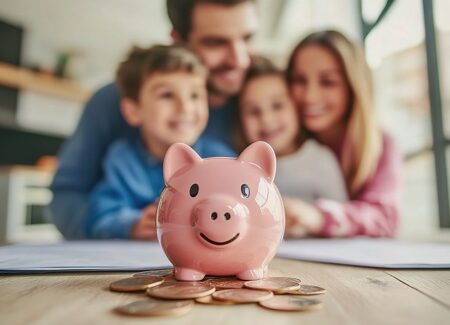 Ein rosa Sparschwein mit Geld auf dem Tisch. Im Hintergrund ist eine Familie zu sehen.