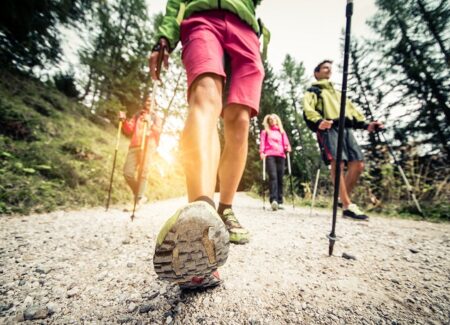 Eine Gruppe macht Nordic Walking durch die Natur