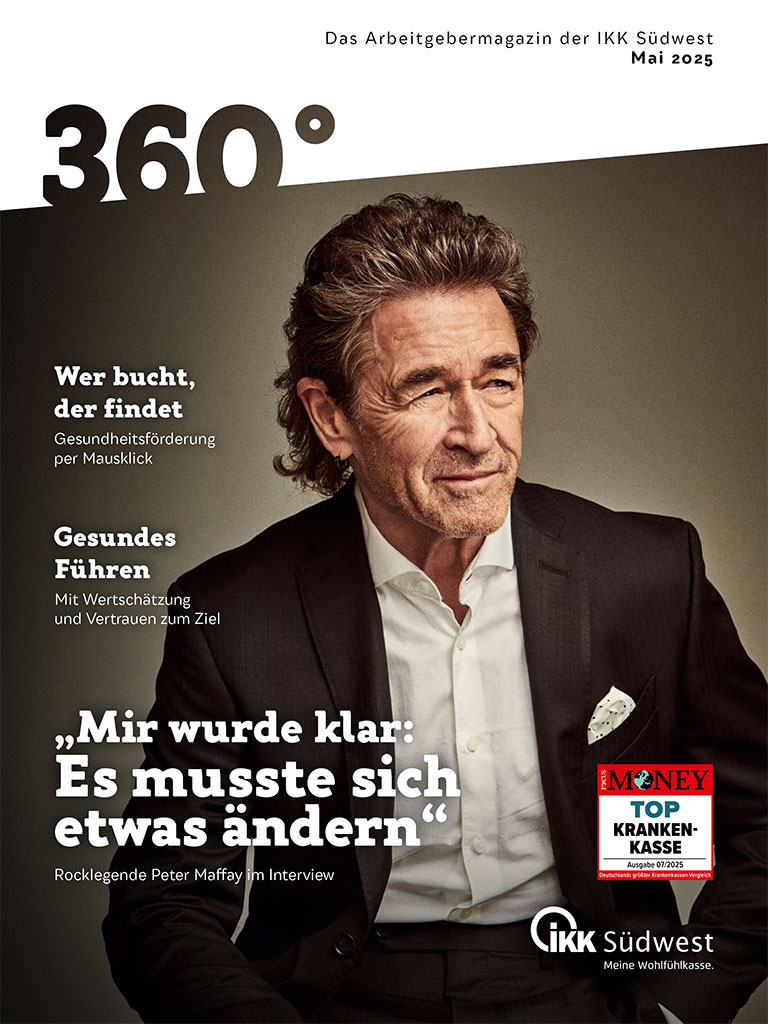 Ein Magazincover zeigt einen älteren Herrn im Anzug, der leicht lächelnd dasitzt. Der Text enthält Interviewzitate von Peter Maffay, gesundheitsbezogene Schlagzeilen sowie die Logos der IKK Südwest und des FOCUS-MONEY-Awards.