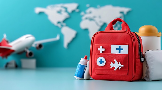 Ein rotes Reise-Erste-Hilfe-Set, eine Wasserflasche und ein Behälter sind auf einem Tisch angeordnet. Im Hintergrund sind ein verschwommenes Spielzeugflugzeug und eine Weltkarte zu sehen, die Reisesicherheit und -vorbereitung symbolisieren.