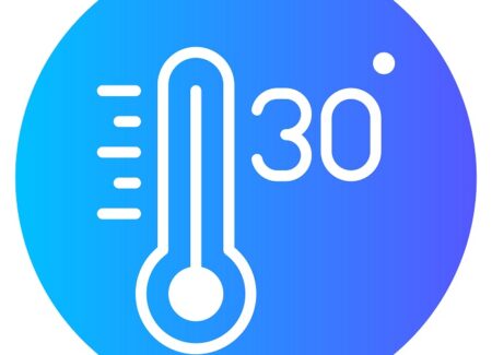 Ein blaues kreisförmiges Symbol mit einem weißen Thermometer und der Zahl 30 Grad, das eine Temperatur von 30 Grad anzeigt.