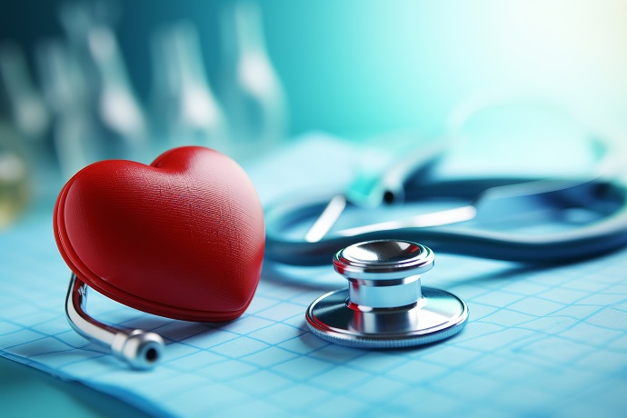 Ein rotes herzförmiges Objekt und ein Stethoskop liegen auf blauem medizinischem Millimeterpapier und symbolisieren Gesundheitsfürsorge. Im Hintergrund sind verschwommene medizinische Geräte zu sehen.