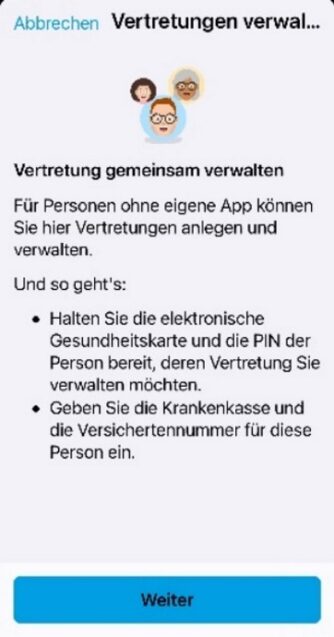 Screenshot für die Verwaltung der Patientenakte, der oben Textanweisungen und Cartoon-Symbole von drei Personen zeigt. Unten befindet sich eine blaue Schaltfläche "Weiter".