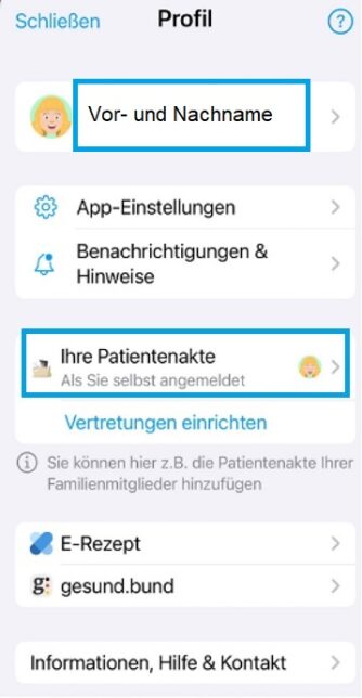 Smartphone-Bildschirm mit einem Benutzerprofil in epa-App. Zu den Optionen gehören Einstellungen, Benachrichtigungen, Patientenakte, Vertreter, E-Rezept, Gesundheitsportal sowie Hilfe und Kontakt. Der Name der Benutzerin ist Nadine Schmidt.