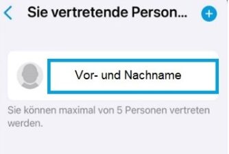 Der Screenshot der ePA zeigt eine Kontaktliste mit einem Platzhalter-Avatar und dem Text Vor- und Nachname. Darunter steht der Hinweis, dass Sie bis zu fünf Personen darstellen können.