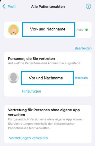Screenshot der ePA-App mit Patientenakten. Sie enthält Benutzerprofilabschnitte mit Vor- und Nachnamen sowie Optionen zur Verwaltung der vertretenen Personen und der App-Berechtigungen.