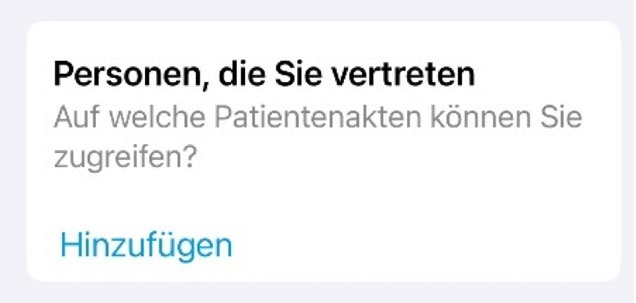 Ein deutscher Schnittstellenbildschirm mit dem Text: Personen, die Sie vertreten. Auf welche Patientenakten können Sie zugreifen? und einem blauen Link darunter mit dem Text Hinzufügen.
