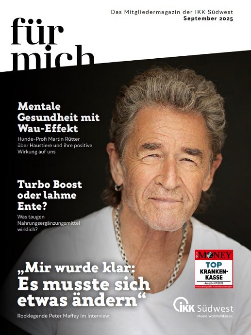 Das Titelbild einer Zeitschrift zeigt Peter Maffay in einer Lederjacke vor einem dunklen Hintergrund. Die Schlagzeilen handeln von geistiger Gesundheit, Nahrungsergänzungsmitteln und einem Interview mit dem Rocksänger Peter Maffay.