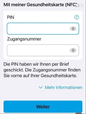 Ein deutschsprachiger Anmeldebildschirm für eine Gesundheitskarte (NFC) mit Feldern für PIN und Zugangsnummer, mit kurzen Anweisungen darunter und einer blauen Schaltfläche "Weiter" am unteren Rand.