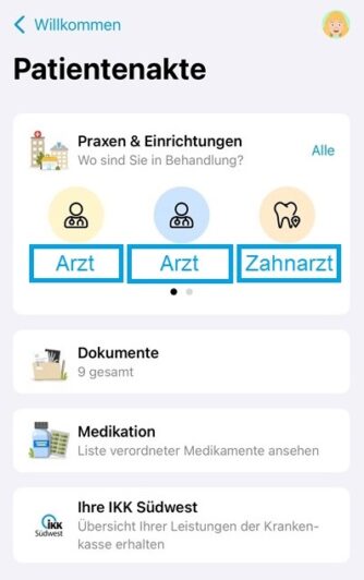 Screenshot zeigt "Patientenakte" mit Optionen zur Auswahl von "Arzt" oder "Zahnarzt" sowie Abschnitte für Dokumente, Medikamente und Versicherungsinformationen.