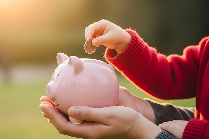 Ein Kind in einem roten Pullover legt eine Münze in ein rosafarbenes Sparschwein, das von einem Erwachsenen gehalten wird.