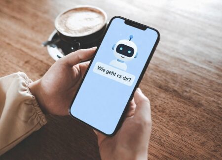 Eine Person hält ein Smartphone, auf dem ein Chatbot mit einem Robotersymbol und dem Text Wie geht es dir? zu sehen ist.
