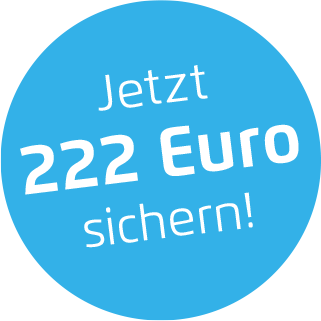 Blaue kreisförmige Grafik mit weißem deutschen Text: Jetzt 222 Euro sichern! Übersetzung: Jetzt 222 Euro sichern!.
