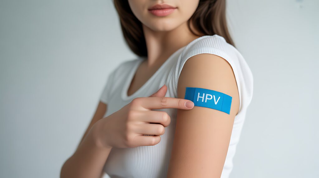 Eine Frau in einem weißen T-Shirt zeigt auf einen blauen Verband mit der Aufschrift HPV auf ihrem Oberarm, der anzeigt, dass sie eine HPV-Impfung erhalten hat.