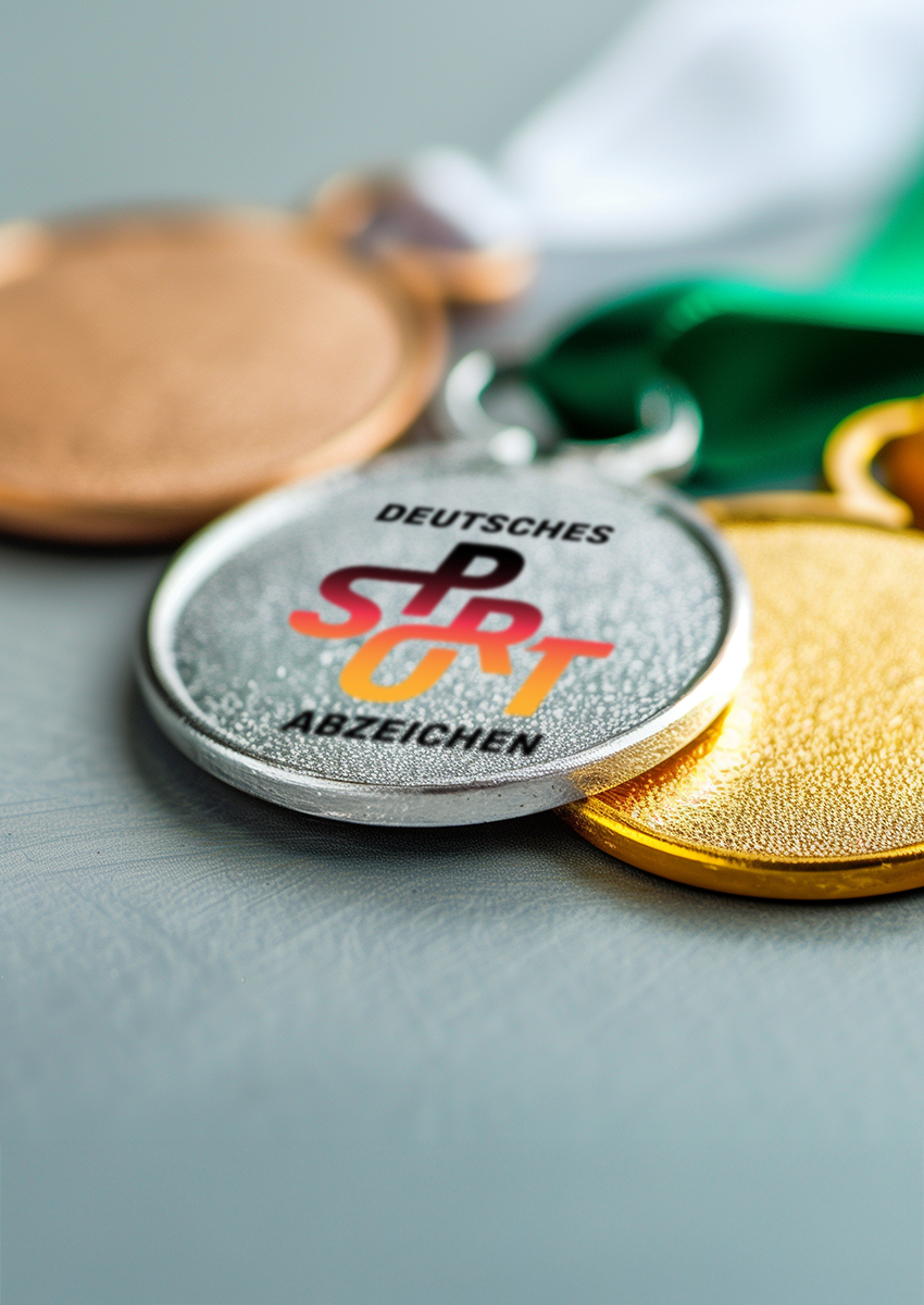 Drei Medaillen - Bronze, Silber und Gold - sind auf einer hellen Fläche angebracht. Über den Medaillen steht der Schriftzug Deutsches Sportabzeichen, mit Sport in einem fetten, sich überschneidenden Design.