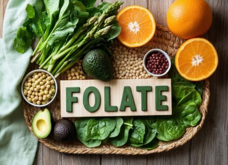 Ein Tablett mit Blattgemüse und Hülsenfrüchten sowie ein Holzschild mit der Aufschrift Folate