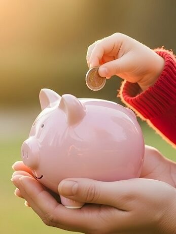 Eine Kinderhand in einem roten Ärmel wirft eine Münze in ein rosa Sparschwein, das von einem Erwachsenen gehalten wird. Der Hintergrund ist unscharf und in warmem Sonnenlicht gehalten.