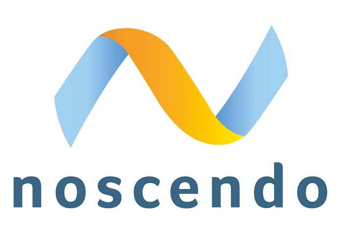 Logo mit einem blauen und orangefarbenen Band in Form eines "N" über dem Wort "noscendo"
