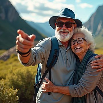 Ein älteres Ehepaar lächelt und umarmt sich im Freien in einer Berglandschaft. Der Mann trägt eine Sonnenbrille, einen Hut und einen Rucksack, während er nach vorne zeigt, und die Frau trägt eine Brille und ein Halstuch. Sie sehen glücklich und entspannt aus.