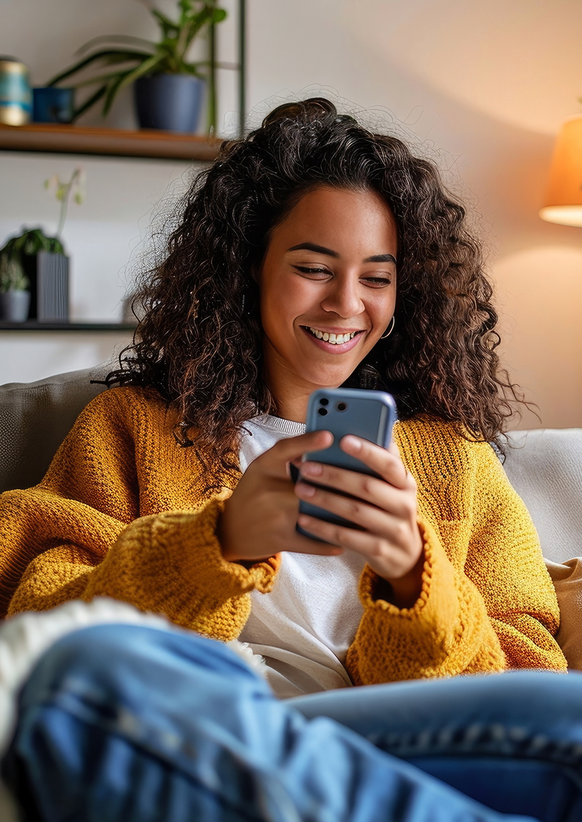 Eine junge Frau mit lockigem Haar, die einen senfgelben Pullover und Jeans trägt, sitzt lächelnd auf einer Couch und schaut auf ihr Smartphone. Im gemütlichen Hintergrund sind Pflanzen und eine Lampe zu sehen.