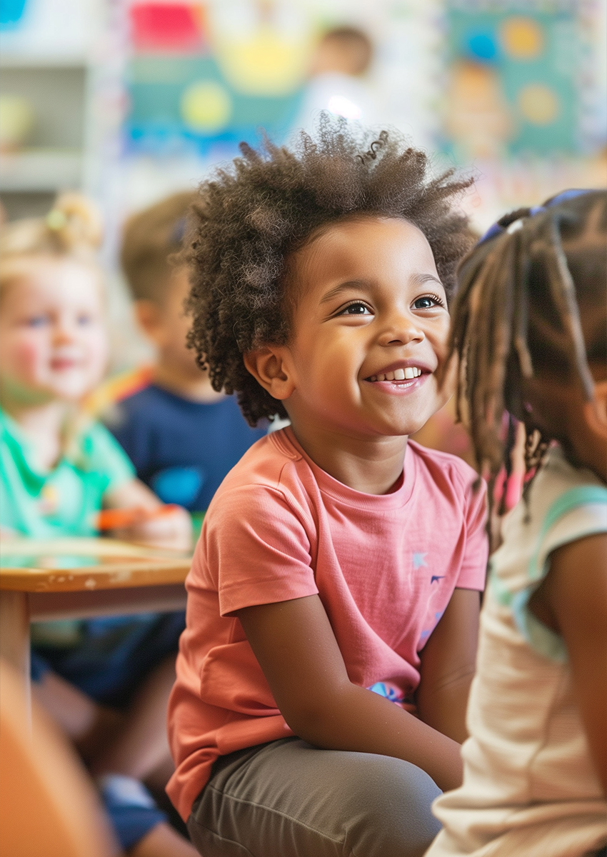 Ein kleines Kind mit lockigem Haar und einem rosa Hemd sitzt lächelnd zwischen anderen Kindern in einem lebhaften, farbenfrohen Klassenzimmer.