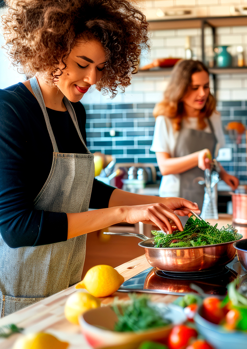 Zwei Frauen kochen in einer hellen Küche; die vordere Frau, die eine Schürze trägt, gibt Grünzeug in eine Pfanne, während die andere Frau im Hintergrund das Essen zubereitet. Frisches Obst und Gemüse liegt auf der Theke.