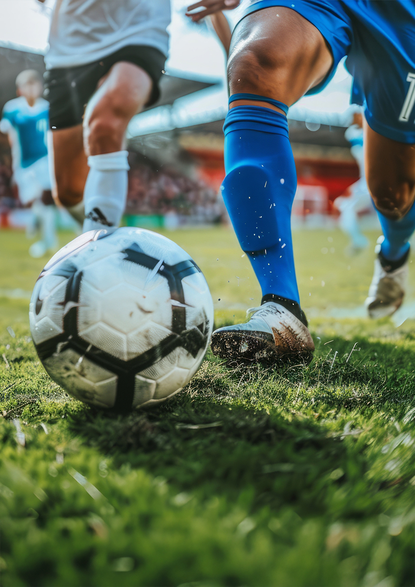 Nahaufnahme von zwei Fußballspielern, die während eines Spiels um den Ball kämpfen, wobei ein Spieler in Blau den Ball schießt und ein anderer in Weiß in der Nähe auf einer Wiese läuft.