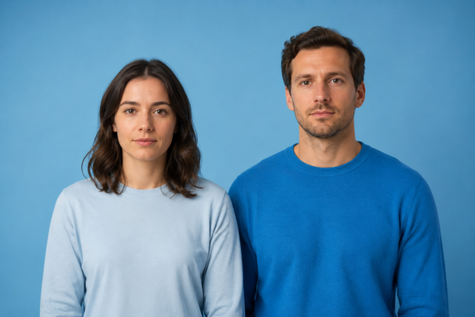 Eine Frau und ein Mann in blauen Pullovern stehen nebeneinander vor einem einfarbig blauen Hintergrund.