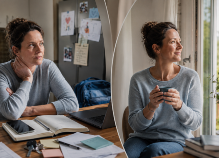Eine Frau sitzt nachdenklich an einem Tisch, auf dem Papiere und ein Laptop liegen. In einer anderen Szene sitzt sie mit einer Tasse in der Hand am Fenster und blickt nach drau&szlig;en.