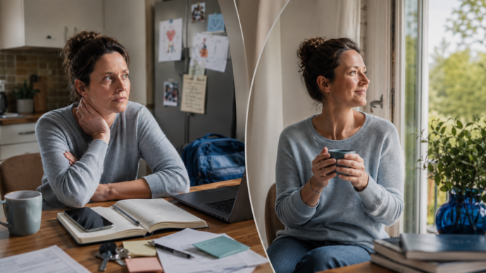 Eine Frau sitzt nachdenklich an einem Tisch, auf dem Papiere und ein Laptop liegen. In einer anderen Szene sitzt sie mit einer Tasse in der Hand am Fenster und blickt nach drau&szlig;en.