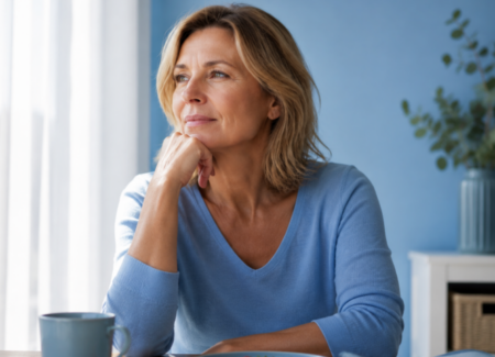 Eine Frau mittleren Alters in einem blauen Pullover sitzt mit einer Tasse und einem Salat an einem Tisch, st&uuml;tzt ihr Kinn auf die Hand und blickt nachdenklich aus dem Fenster.