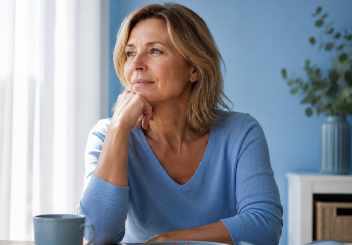 Eine Frau mittleren Alters in einem blauen Pullover sitzt mit einer Tasse und einem Salat an einem Tisch, st&uuml;tzt ihr Kinn auf die Hand und blickt nachdenklich aus dem Fenster.