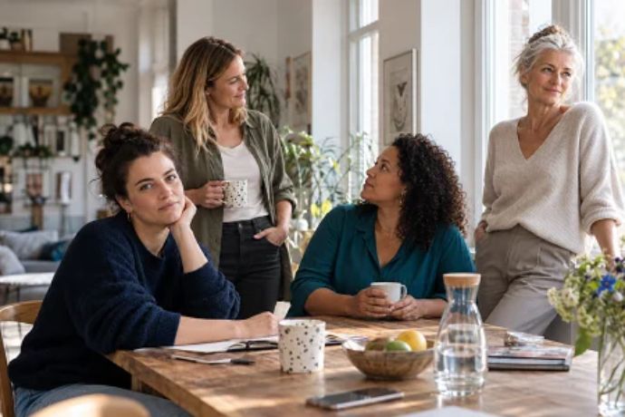 Vier Frauen sitzen und stehen um einen Holztisch herum in einem hellen, gemütlichen Raum, unterhalten sich und trinken Kaffee. Eine Frau schreibt in ein Notizbuch, während die anderen sich unterhalten.