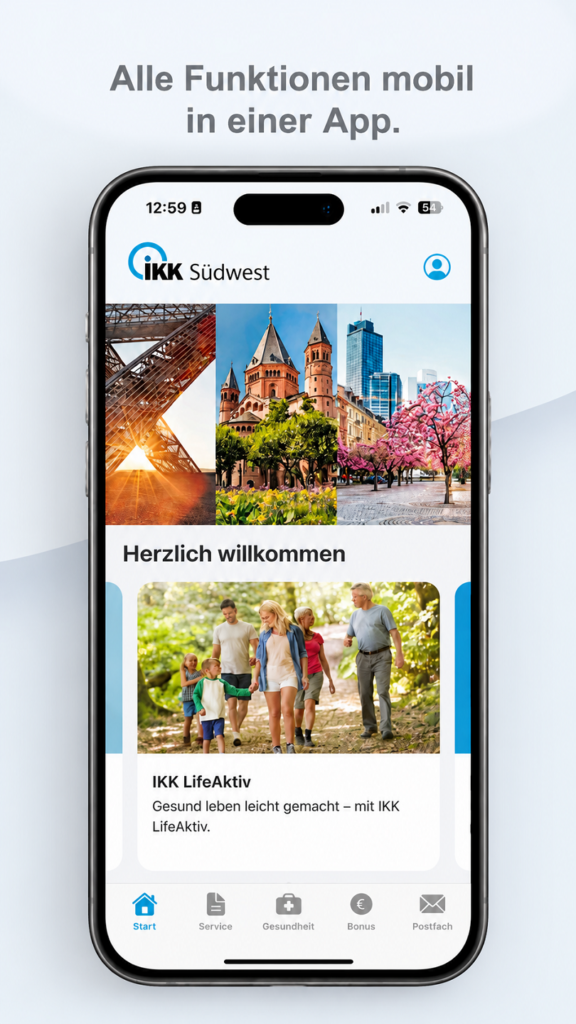 Ein Screen der IKK Südwest-App, auf dem die Startseite zu sehen ist.