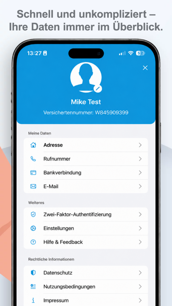 Ein Screen der IKK Südwest-App, auf dem der Funktionsumfang zu sehen ist.