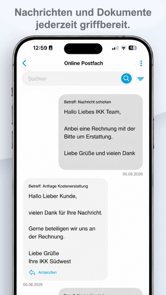 Ein Screen der IKK Südwest-App, auf dem der Funktionsumfang zu sehen ist.